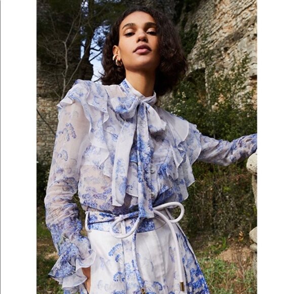 Women Zimmermann Blue Cornflower Print 2Pc Silk Blend Luminous Blouse Top 2 US/M - Picture 1 of 16